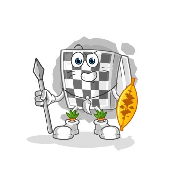 Satranç tahtası Afrikalı kabile savaşçı maskotu. çizgi film vektörü