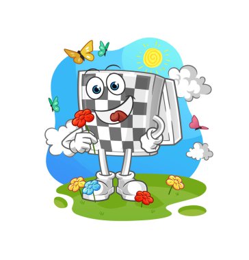 Satranç tahtası baharda çiçek toplar. karakter vektörü