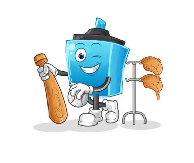 Beyzbol maskotu oynayan tükenmez kalem. çizgi film vektörü