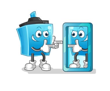 Kalem ayna karikatürüne bakıyor. çizgi film maskotu vektörü