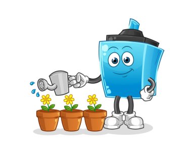 İşaretli kalem çiçek maskotunu suluyor. çizgi film vektörü