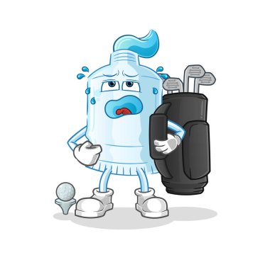 Golf ekipmanlı diş macunu. çizgi film maskotu vektörü