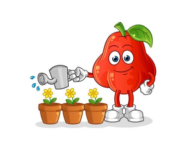 Su elması çiçek maskotunu suluyor. çizgi film vektörü
