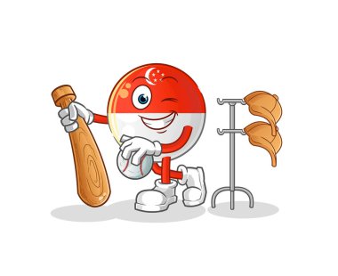 Singapur bayrağı beyzbol maskotu oynuyor. çizgi film vektörü