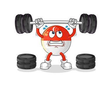 Singapur bayrağı halter karakterini kaldırıyor. çizgi film maskotu vektörü