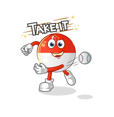 Singapur bayrağı beysbol vektörü atıyor. çizgi film karakteri