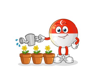 Singapur bayrağı çiçek maskotunu suluyor. çizgi film vektörü