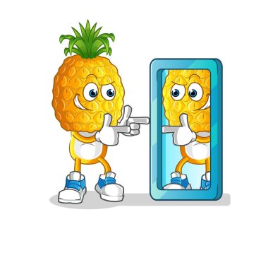 Ananas kafalı çizgi film aynaya bakıyor. çizgi film maskotu vektörü