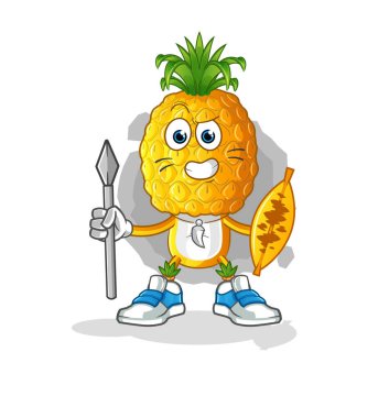 Ananas kafalı çizgi film Afro kabile savaşçı maskotu. çizgi film vektörü