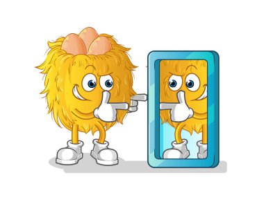 Kuş yuvası ayna karikatürüne bakıyor. çizgi film maskotu vektörü