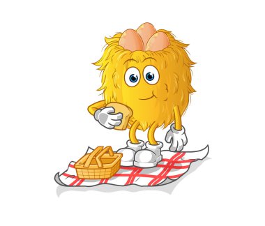 Piknik çizgi filminde kuş yuvası. çizgi film maskotu vektörü