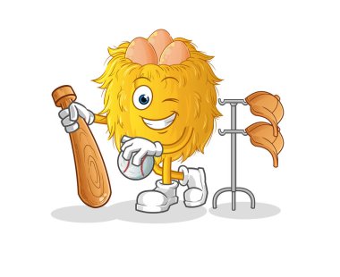 Kuş yuvası beyzbol maskotu oynuyor. çizgi film vektörü