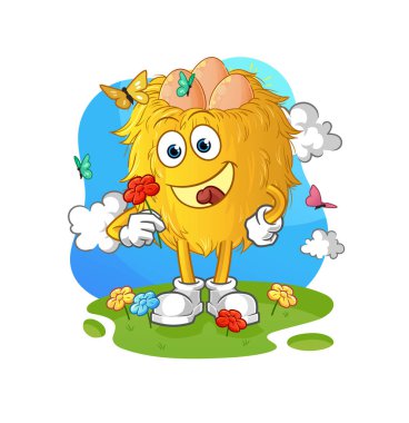 Kuş yuvası baharda çiçek toplar. karakter vektörü