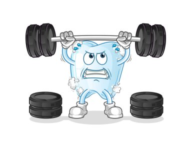 Köpüklü diş halterci karakteri kaldırıyor. çizgi film maskotu vektörü