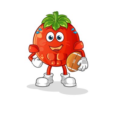 Ragbi oynayan domates karakteri. çizgi film maskotu vektörü
