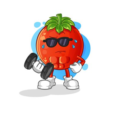 Domates, dambıl kaldırma vektörü. çizgi film karakteri