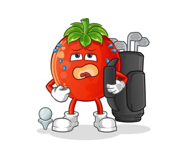 Golf ekipmanlı domates. çizgi film maskotu vektörü