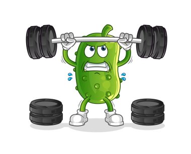 Salatalık halterciyi kaldırıyor. çizgi film maskotu vektörü