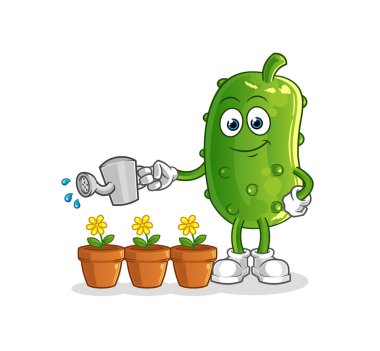 Salatalık çiçek maskotunu suluyor. çizgi film vektörü