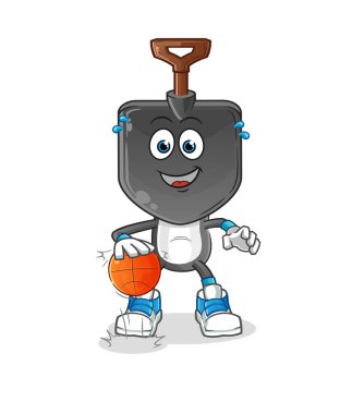 Kürek kafalı çizgi film karakteri basketbol topu sürüyor. çizgi film vektörü