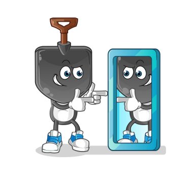 Kürek kafalı çizgi film aynaya bakıyor. çizgi film maskotu vektörü