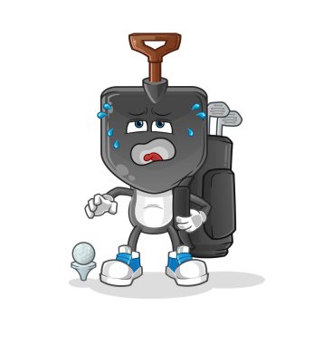 Elinde golf ekipmanı olan kürek kafalı bir çizgi film. çizgi film maskotu vektörü