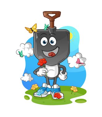 Kürek kafalı çizgi film karakteri baharda çiçek toplar. karakter vektörü