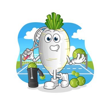 Beyaz turp tenis illüstrasyonu oynar. karakter vektörü