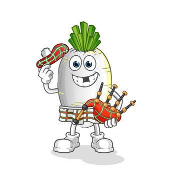 Gayda taşıyıcısı olan beyaz turp İskoçyalı. çizgi film karakteri