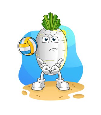 Beyaz turp voleybol maskotu. çizgi film vektörü