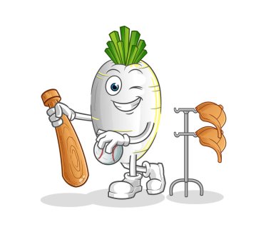 Beyzbol maskotu oynayan beyaz turp. çizgi film vektörü