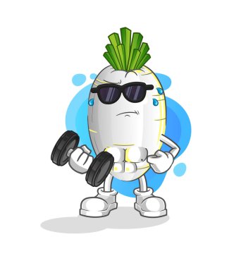 Beyaz turp dambıl vektörünü kaldırıyor. çizgi film karakteri