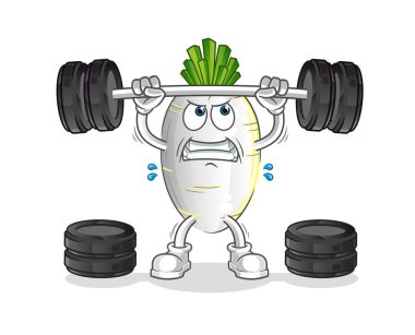 Halterciyi kaldıran beyaz turp. çizgi film maskotu vektörü