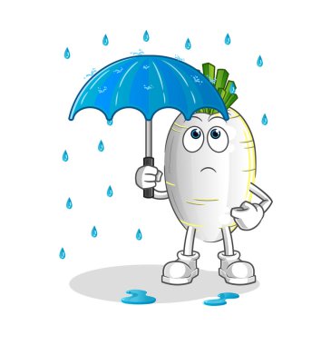 Şemsiye tutan beyaz turp. karakter vektörü