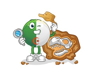 Fosil maskotlu Cezayir bayrağı arkeologları. çizgi film vektörü