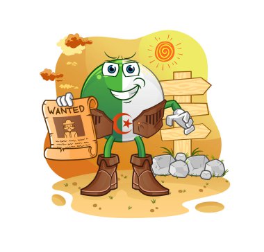 Elinde kağıt olan Cezayir bayrağı kovboyu. çizgi film maskotu vektörü