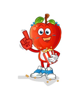 Elma kafalı çizgi film fanatiği ve patlamış mısır çizimi. karakter vektörü