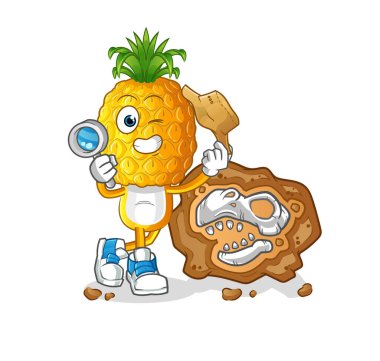 Fosil maskotlu ananas kafalı karikatür arkeologları. çizgi film vektörü