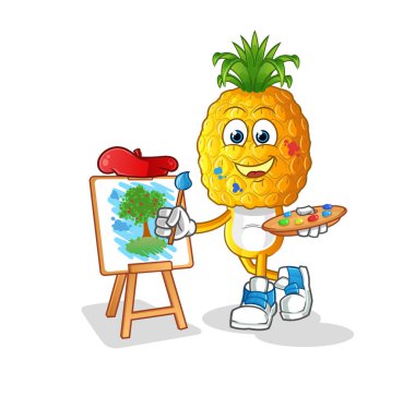 Ananas kafalı karikatür sanatçısı maskotu. çizgi film vektörü