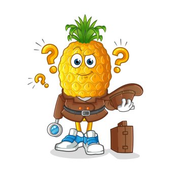 Ananas kafalı çizgi film dedektifi vektörü. çizgi film karakteri