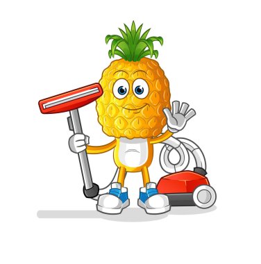 Süpürgeyle temizlenmiş ananas kafalı çizgi film. karakter vektörü