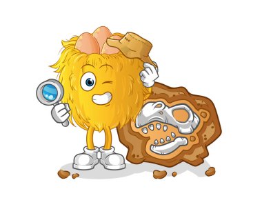 Fosil maskotlu kuş yuvası arkeologları. çizgi film vektörü