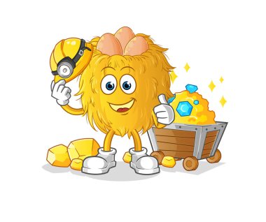 Altın karakterli kuş yuvası madencisi. çizgi film maskotu vektörü