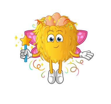 Kanatları ve sopası olan kuş yuvası perisi. çizgi film maskotu vektörü