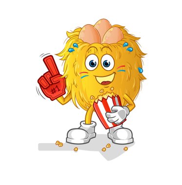 Kuş yuvası fanı ve patlamış mısır illüstrasyonu. karakter vektörü