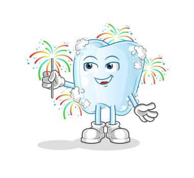 Köpüklü diş ve havai fişek maskotu. çizgi film vektörü