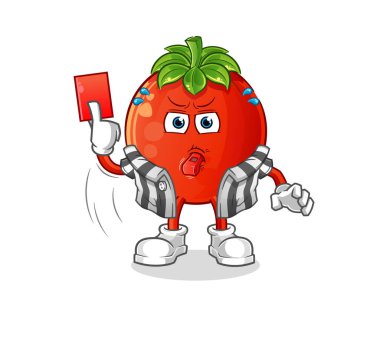 Kırmızı kart resimli domates hakemi. karakter vektörü