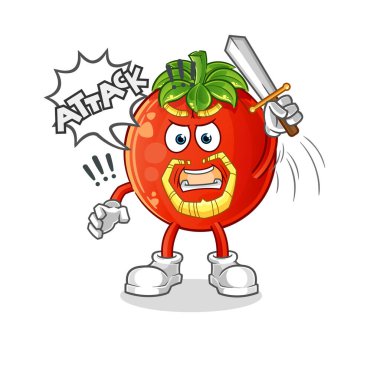 Domates şövalyeleri kılıçla saldırır. çizgi film maskotu vektörü