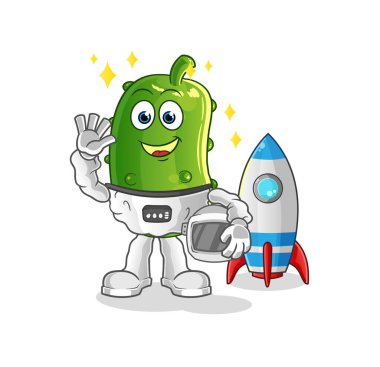 Salatalık sallayan astronot karakteri. çizgi film maskotu vektörü