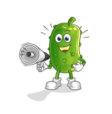 Salatalık hoparlör vektörüyle el ele tutuşuyor. çizgi film karakteri